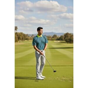 Waggle Men's L Blue Lime Green Floral All Over Print Polo Shirt Active Golf